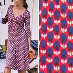 Boden Red and Blue Patterned Midi Wrap Dress Size 8